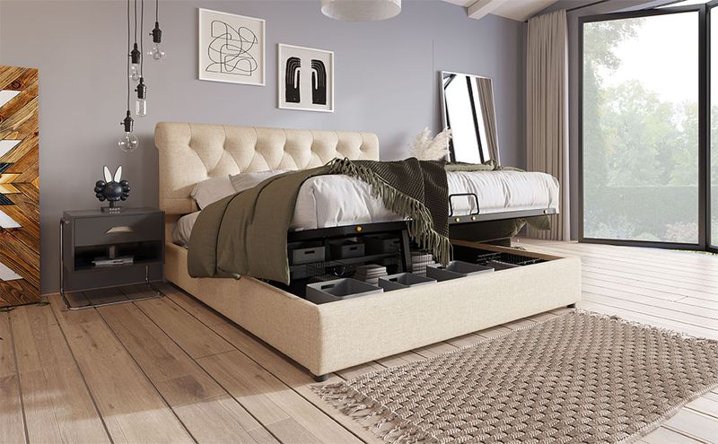 Cadre de lit king size rembourré hydraulique réglable 160 x 200 cm avec lattes métalliques, lit coffre moderne avec tête de lit réglable, design naturel, matelas non inclus_voghion.com