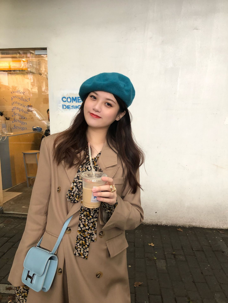 Wełniany beret damski Ishihara Satomi beret w tym samym stylu jesienno-zimowy wełniany beret retro niebieska czapka malarza_voghion.com