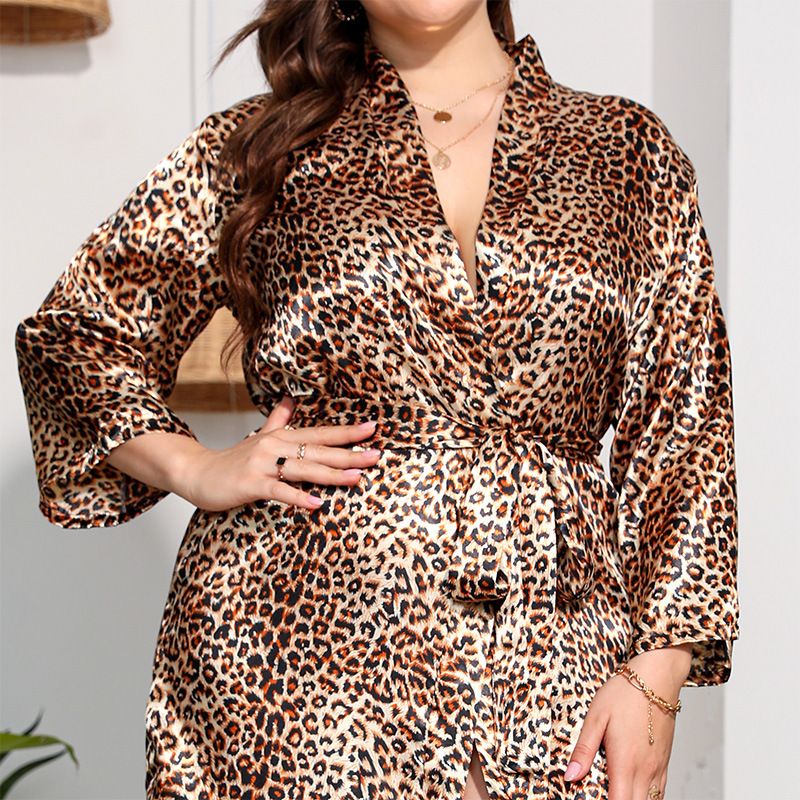 women's imitation silk nightgown large size long-sleeved home clothes for women leopard print 250 pounds can be worn_voghion.com