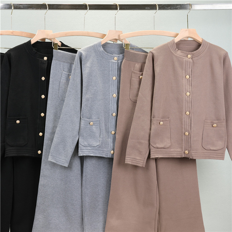 Women's Clothing fashion casual knitted suit women's autumn long sleeved cardigan top wide leg trousers small fragrance two piece set_voghion.com