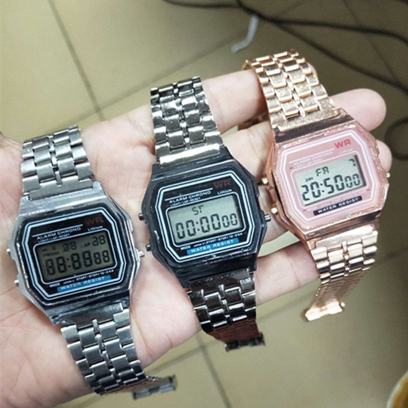 WR No Mark F91W Sports Children's Electronic Metal Multi-function Luminous Alarm Clock Steel Band Watch Dial_voghion.com