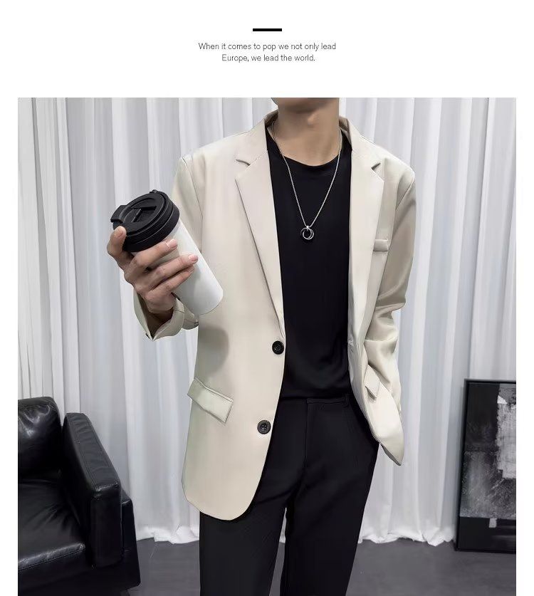 Lässiges Anzug-Set für Herren mit überschnittenen Schultern, langärmligem T-Shirt und stylischem Blazer – Slim Fit, koreanisch inspiriertes Trend-Outfit für den Herbst_voghion.com