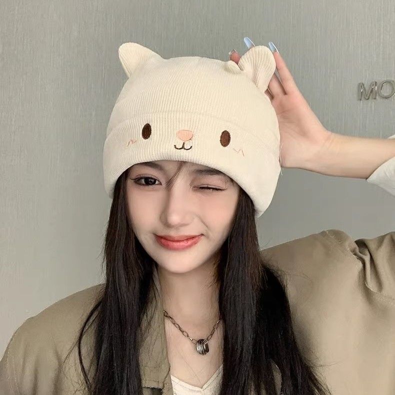 Cappello da donna con orecchie di gatto, lavorato a maglia coreano in lana per maternità, post-parto, caldo e carino_voghion.com