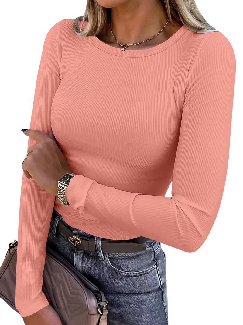 Maglietta basic aderente in maglia a coste con scollo rotondo e maniche lunghe da donna 2024_voghion.com
