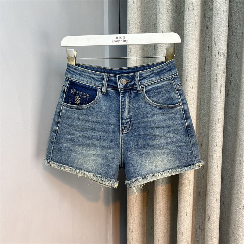Pantaloncini in denim sfilacciati a vita alta alla moda color-block per donna 2023 estate nuovi lavati larghi a trapezio con risvolto a gamba larga_voghion.com