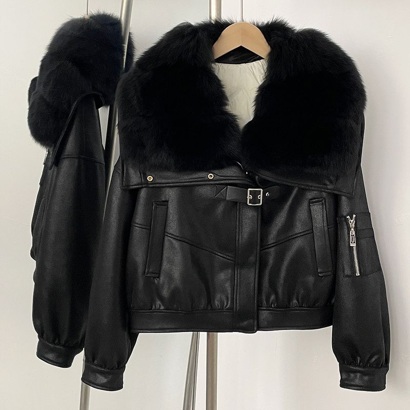 Women's Short Faux Suede Jacket With Real Fox Fur Collar, Winter Warm Coat With Down Lining, Korean Style Casual Outerwear_voghion.com