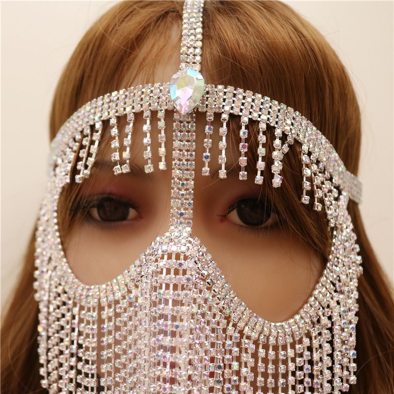 Bauchschleier aus Metall mit Diamantkette, Bühnen- und Nachtclub-Maske für den indischen Tanz, Kopfbedeckung im Western-Stil, Gesichtsbedeckung für Frauen_voghion.com