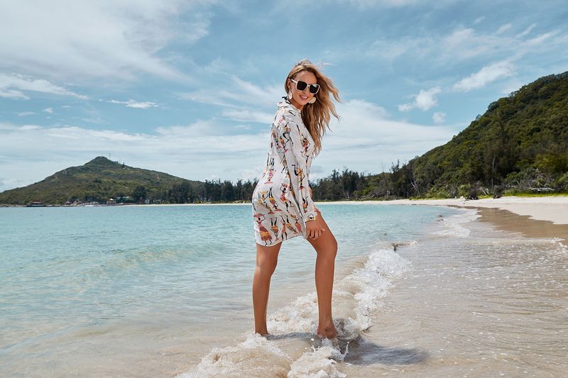 Übergroßes Langarm-Shirt mit Cartoon-Print für Damen, Strand-Überzug, Bikini, Bademode, Sonnenschutz, offene Vorderseite, Bluse_voghion.com