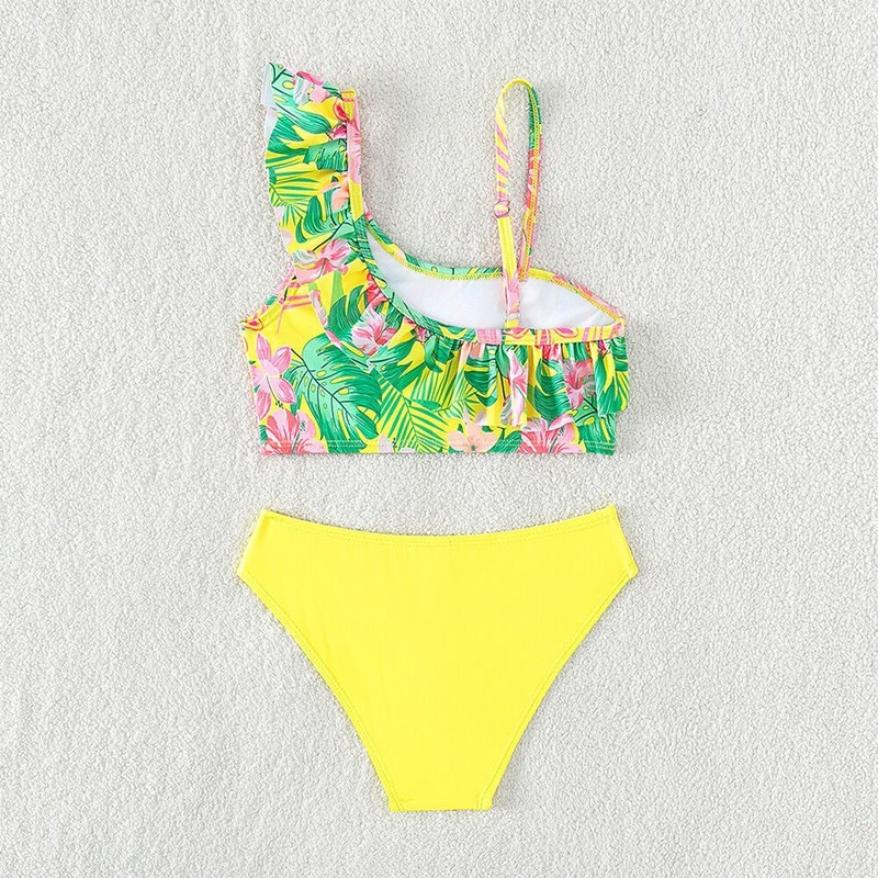 Maillot de bain deux pièces pour enfants Mother&Kids pour filles Maillot de bain pour enfants de taille moyenne et grande avec volants en diagonale aux épaules à la mode d'été_voghion.com