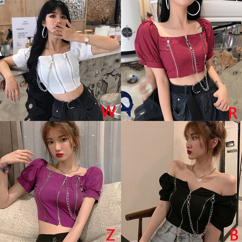 hot selling Women's Square Collar Tooling Zipper Strip Exposed Navel Sexy Short Sleeve Top Slim Pullover T-Shirt_voghion.com