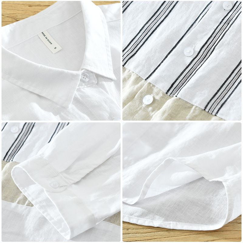 Camicia in lino, top casual da uomo ampio e alla moda, camicia in lino con maniche a sette quarti e patchwork giapponese_voghion.com