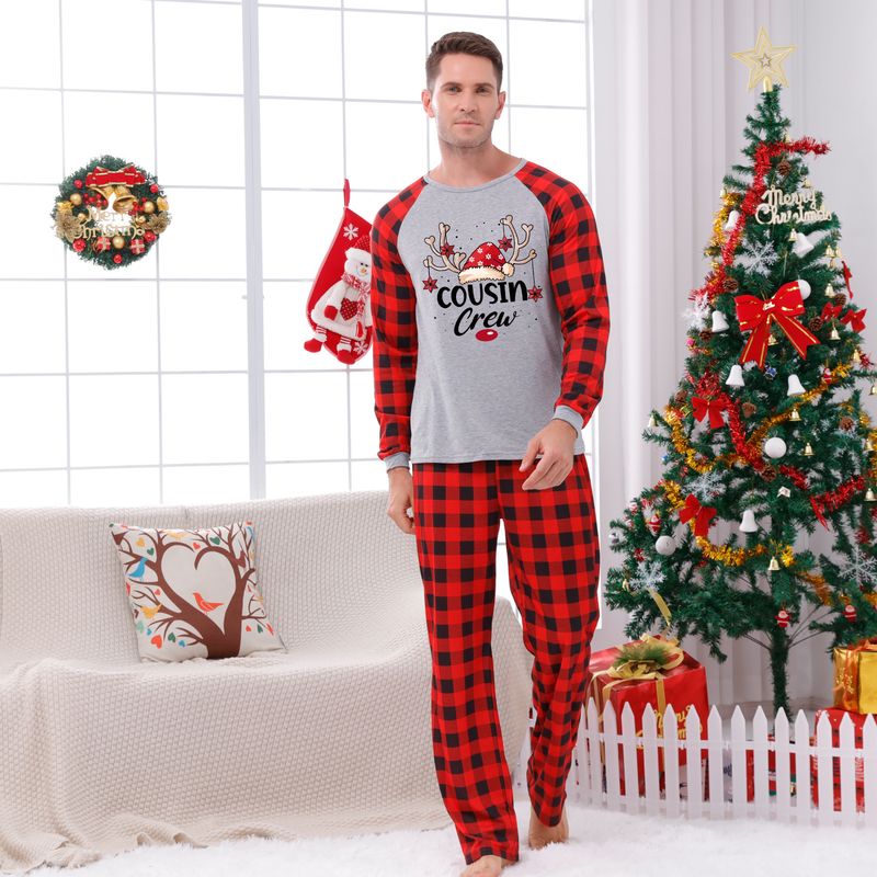 Traje familiar de Navidad, ropa familiar para el hogar, ropa navideña para el hogar, conjunto familiar, ropa para el hogar con estampado de retales a cuadros_voghion.com