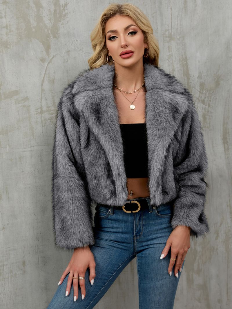 Women's Clothing Fur Collar Loose Short Cardigan Premium Faux Fur Jacket With Notched Lapel - Autumn Winter Short Coat In 3 Luxe Colorways_voghion.com