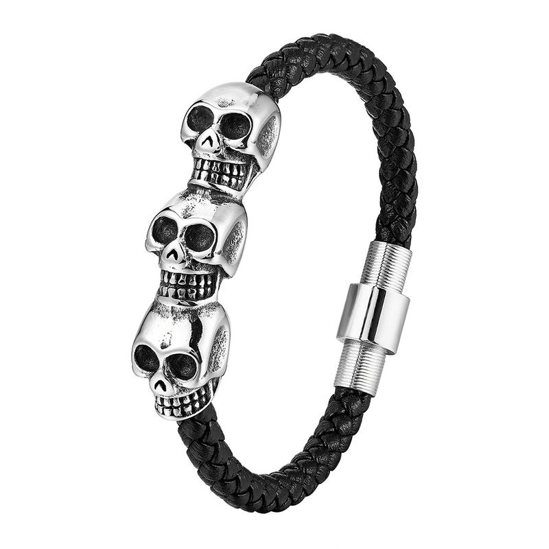 Bracciale da uomo creativo punk alla moda con teschio in acciaio inossidabile, chiusura magnetica, pelle intrecciata, testa di fantasma L20197_voghion.com