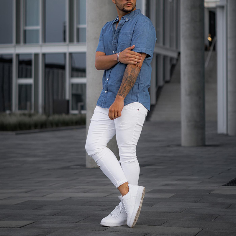 Herenkleding Effen kleur Denim overhemd Korte mouwen T-shirt Casual los T-shirt_voghion.com