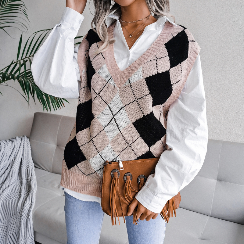 Vêtements pour femmes automne et hiver style collégial losange col en v décontracté gilet tricoté ample pull vêtements pour femmes_voghion.com