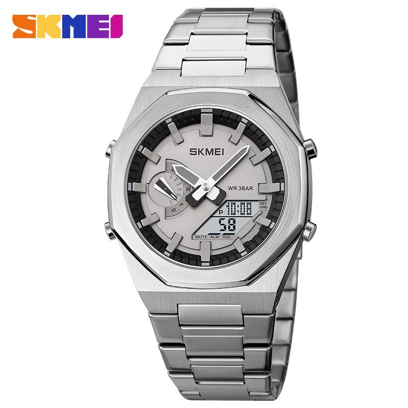 Momentum 1816 Movimento sincronizzato multifunzionale Doppio display Allarmi multipli Cinturino in acciaio Moda uomo elettronico_voghion.com