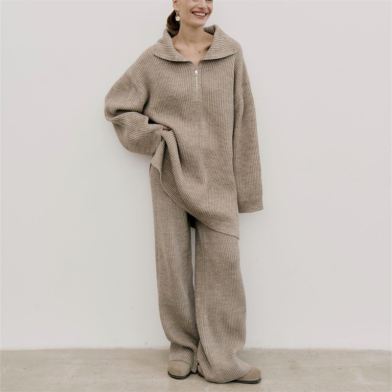 Dameskleding Eenvoudig High End Effen Kleur Pak Herfst En Winter Half Zip Trui Gebreide Rechte Broek Tweedelige Set_voghion.com
