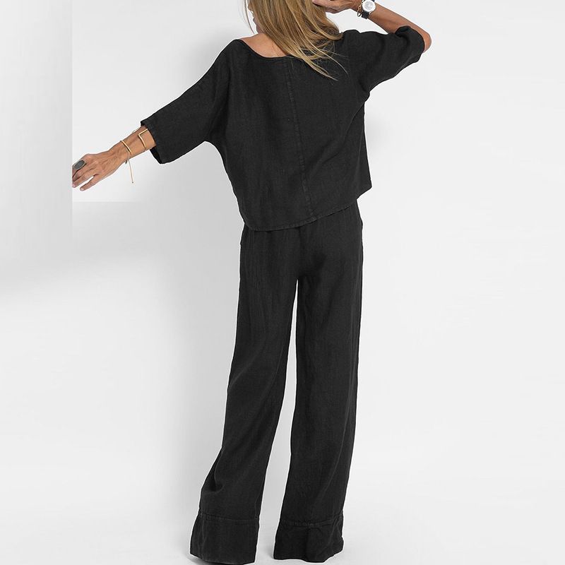 Damenbekleidung Sommer Neue Damen Casual Loose Solid Color Kurzarm Hosenanzug aus Baumwolle und Leinen_voghion.com
