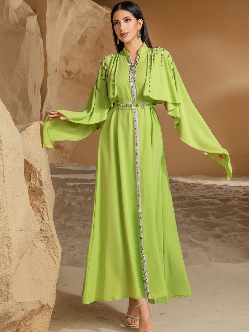 Robe châle à col mi-haut vert fruit pour femme, robe abaya en diamant cousue à la main_voghion.com
