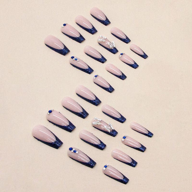 Unghie lunghe da balletto, brillantini, argento francese, farfalla blu zaffiro, punte per unghie indossabili, prodotto finito_voghion.com