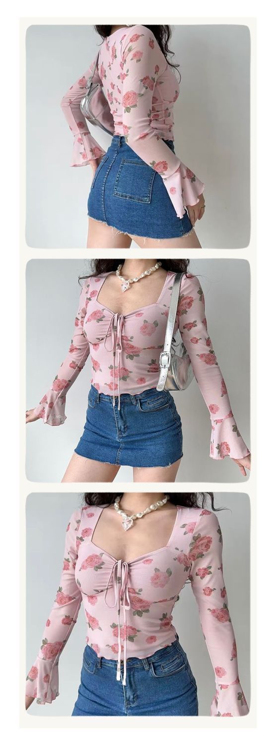 French Sweet Style Mesh Floral Print Bell Square Neck Shirt For Women Slim Fit Long Sleeve Top_voghion.com