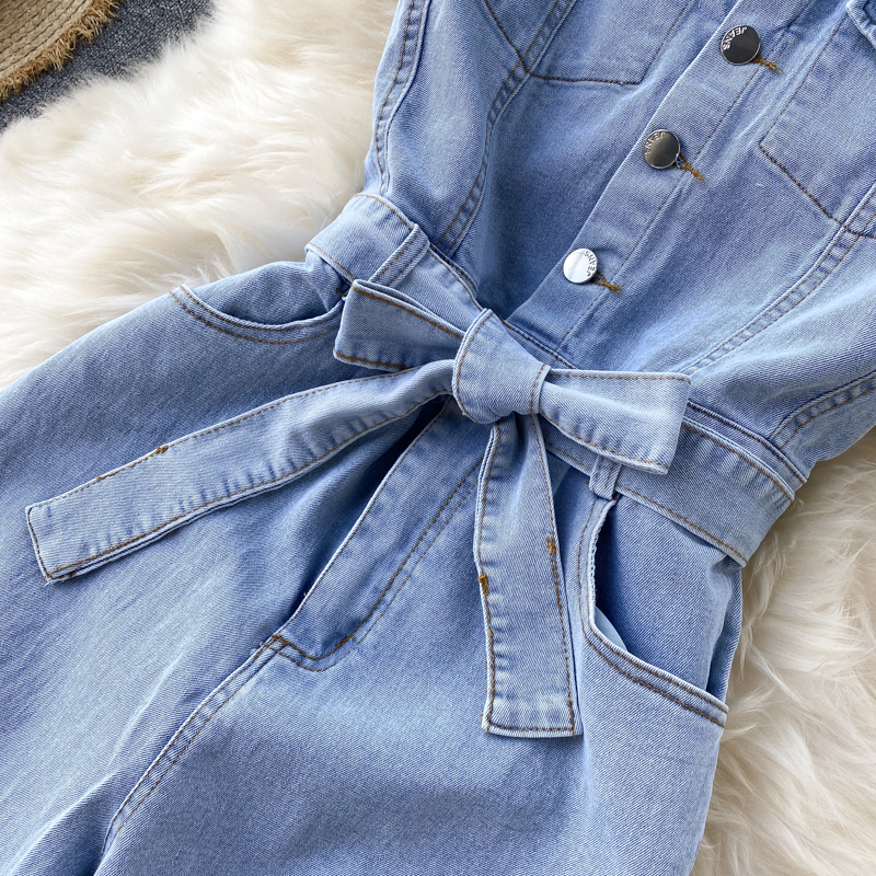 Ins Women's Retro Breasted Lace-up Waist Slimming Straight Wide-leg Pants Denim Jumpsuit For Women_voghion.com