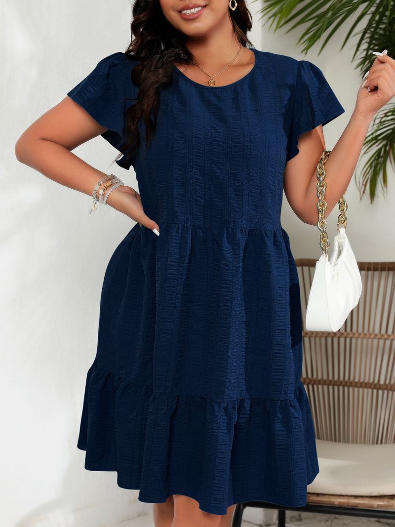Women's Clothing Large Size Round Neck Lotus Leaf Sleeve Waist Holiday Leisure Temperament Dress_voghion.com