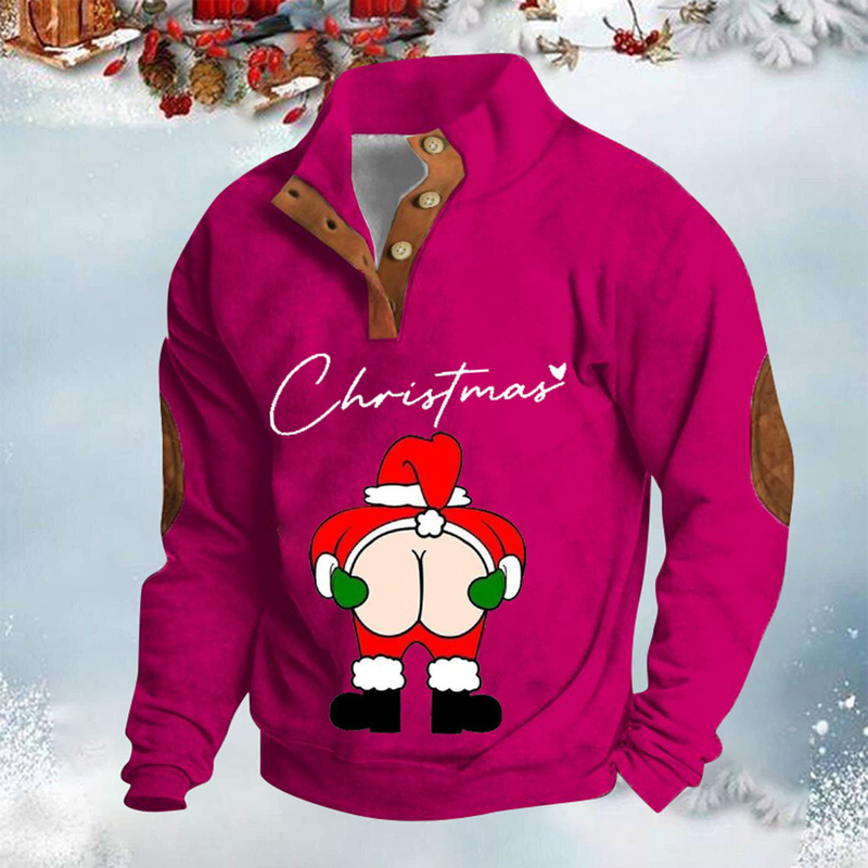 Felpa con cappuccio 3D da uomo con stampa digitale Felpa con cappuccio polo con colletto alla coreana con fiore di Natale_voghion.com