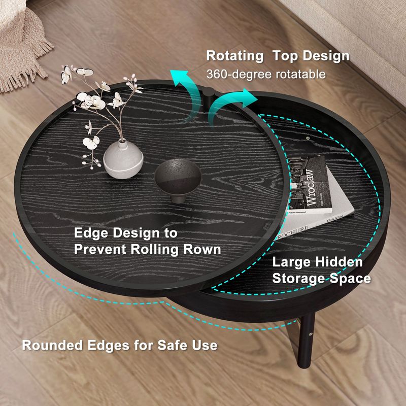 Modern Round Wood Rotating Tray Coffee Table With Storage & Metal Legs_voghion.com