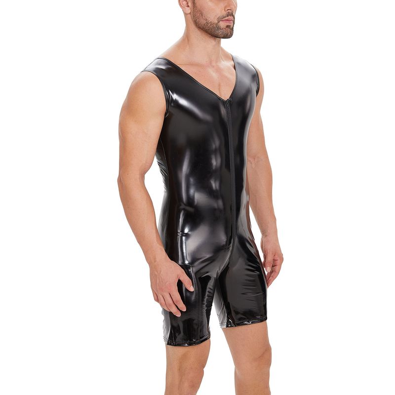 Herrkläder Elastiska strumpbyxor för scenframträdanden för män, spegelblanka läderjumpsuits, sexiga byxor med dragkedja och gren för män_voghion.com
