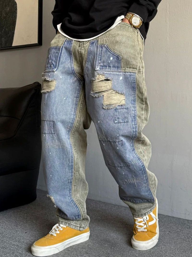 Erkek Giyim Rahat Yakışıklı Ağır Tasarım Retro Yırtık Kot Pantolon Erkek Düz Bol Dar Pantolon_voghion.com