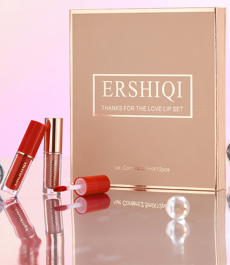 Exclusive ErshiQi 12 Color Book Matte Pearl Gloss Non Stick Cup Lip Glaze Lipstick_voghion.com