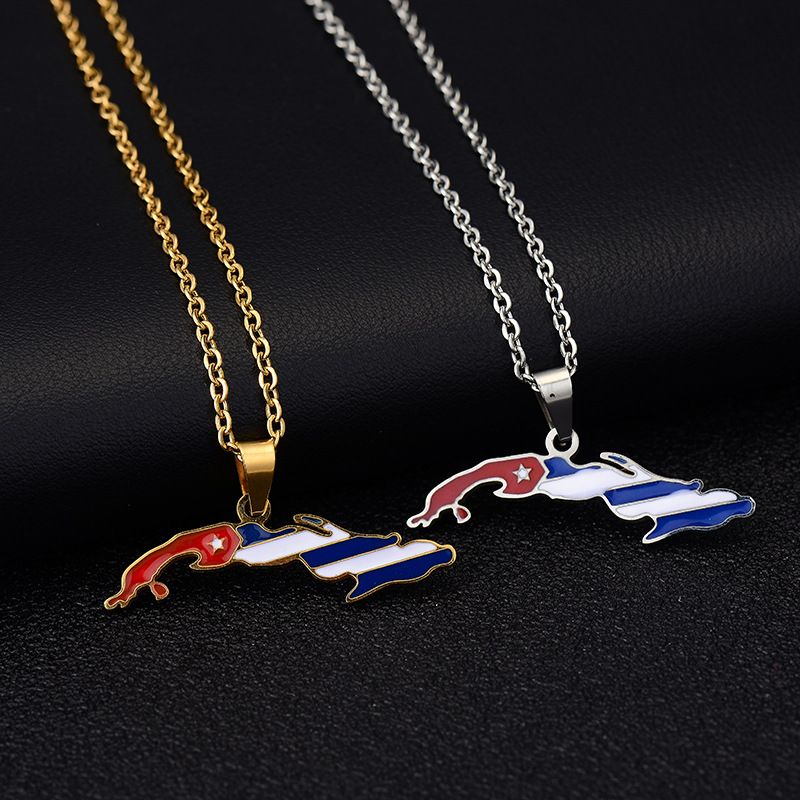 Collana vintage con ciondolo mappa Repubblica di Cuba con gocce d'olio. Catena con clavicola da donna in acciaio inossidabile alla moda_voghion.com