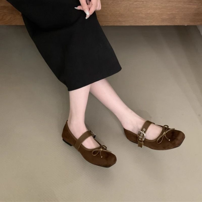 Chaussures Mary Jane plates à bout carré pour femmes, nouvelle collection automne 2025, avec nœud papillon et boucle de ceinture argentée_voghion.com