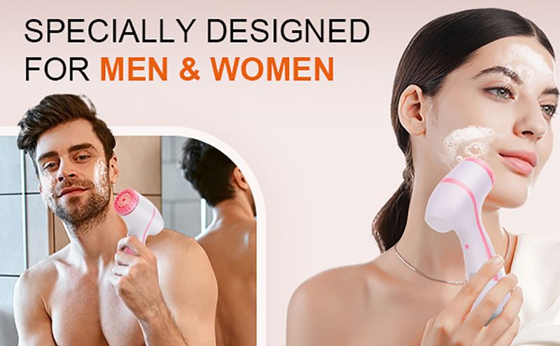 Facial Cleansing Brush, Waterproof Dual-Rotation Face Scrubber Exfoliator With 3 Brush Heads And 2 Adjustable Speeds (Pink)_voghion.com