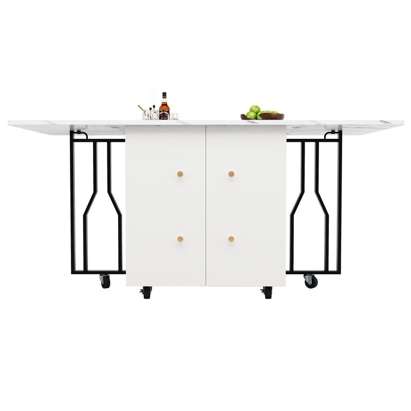 Tragbarer Esstisch Mit Klappbarer Marmorplatte, 6 Rollen, Schwarze Beine_voghion.com