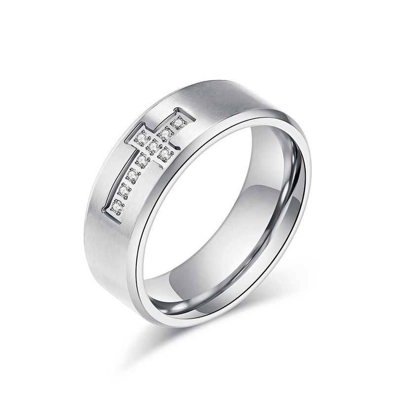 Anello in acciaio inossidabile con croce intarsiata di diamanti e zirconi per indice, gioiello di lusso leggero personalizzato per dito._voghion.com