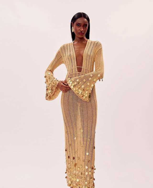 Gonna lunga in maglia con paillettes e cintura con scollo a V da donna, nuova primavera, stile da donna, abito con paillettes_voghion.com