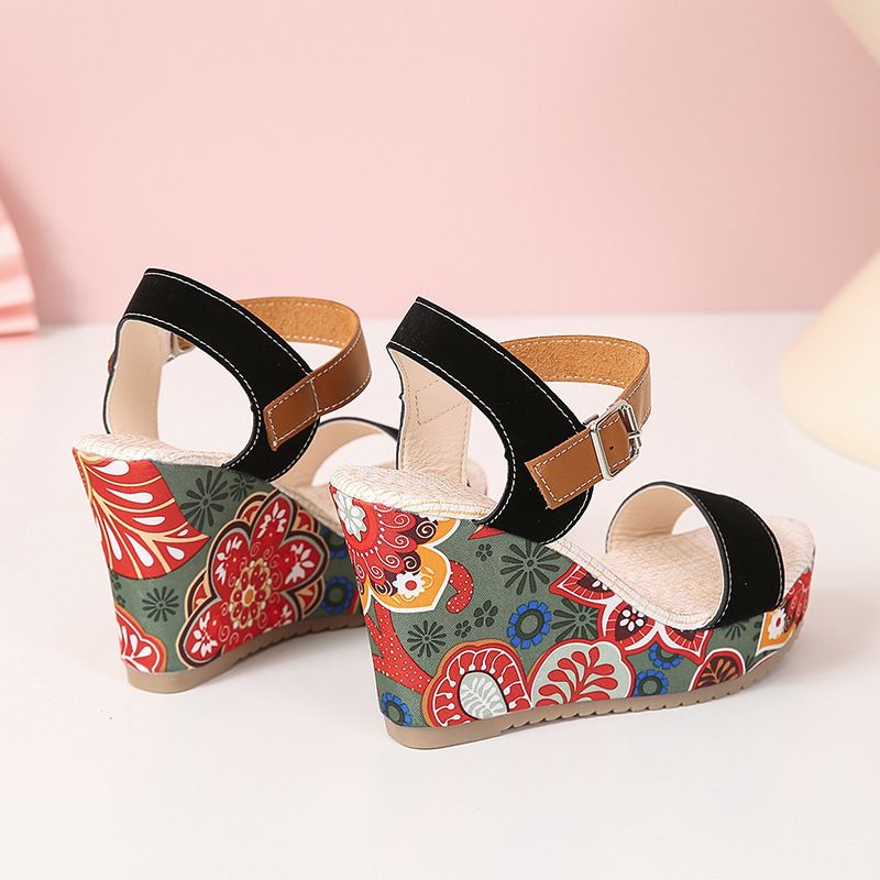 2025 New Large Shoes, High Sandals, Slope Heels, Embroidered One Word Buckle With Open Toe Thick Bottom, Women's_voghion.com