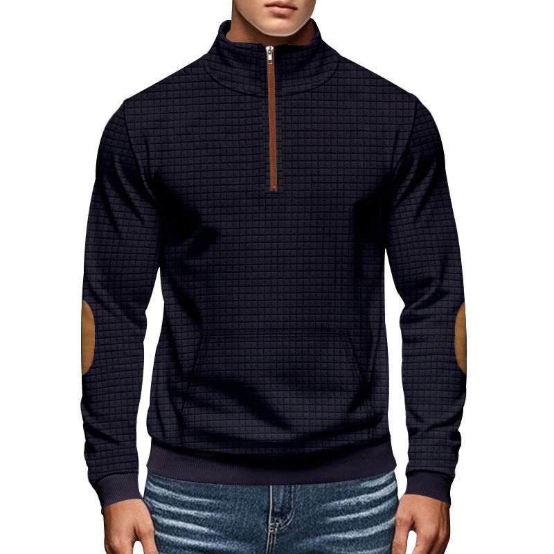 American Style Autumn Winter Men's Casual Sweatshirt Jacquard Small Square Embroidery Patchwork Stand Collar Loose Top_voghion.com