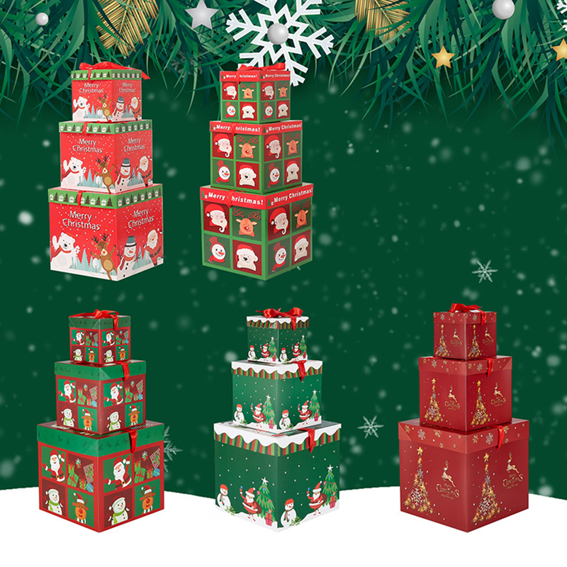 Goodfortune 3 peças caixa de natal dobrável cor brilhante estilo natal boneco de neve padrões gravata borboleta feliz natal caixa de presente para festival_voghion.com