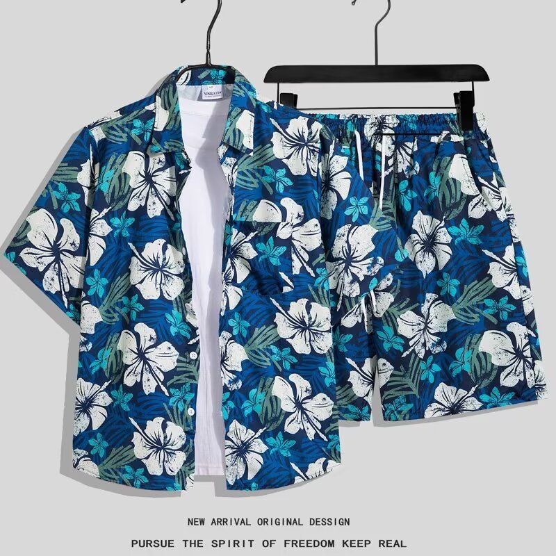Strand til mænd, strandferie, Hawaii, kortærmet blomsterskjorte, løs og alsidig, afslappet parsæt i to dele_voghion.com