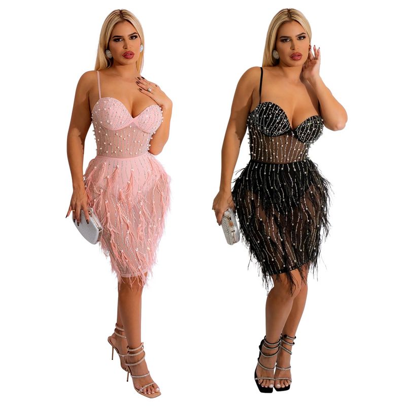 Abbigliamento da donna Abito con piume di diamanti caldi con reggicalze senza maniche per donna_voghion.com