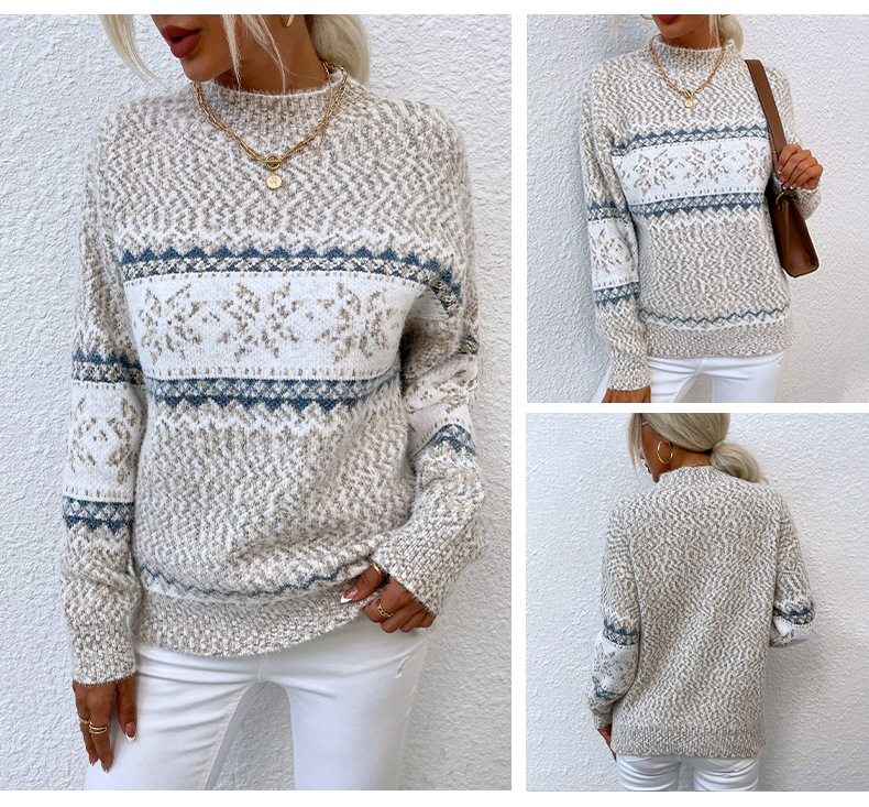 Pull de noël automne et hiver, demi-col roulé, pull flocon de neige pour femmes_voghion.com