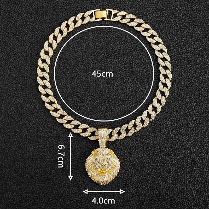 Hip hop street nischdesign full av diamanter, dominerande lejonhänge, personliga kubanska halsbandssmycken_voghion.com