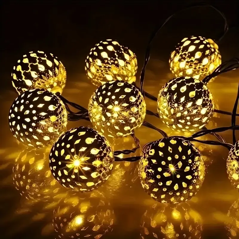Outdoor Solar Moroccan Ball String Light-50/30/20 LED Fairy Light, 8 Modes, For Garden Fence Christmas Party Holiday Lighting_voghion.com
