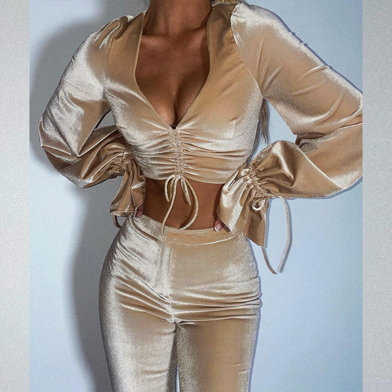Women's Clothing autumn and winter sexy navel-baring long-sleeved top solid color micro-flared pants two-piece set_voghion.com