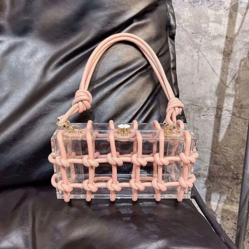 Borsa quadrata trasparente in acrilico con design di nicchia 2025, nuova borsa da sera intrecciata con diamanti, piccola tote per donna_voghion.com