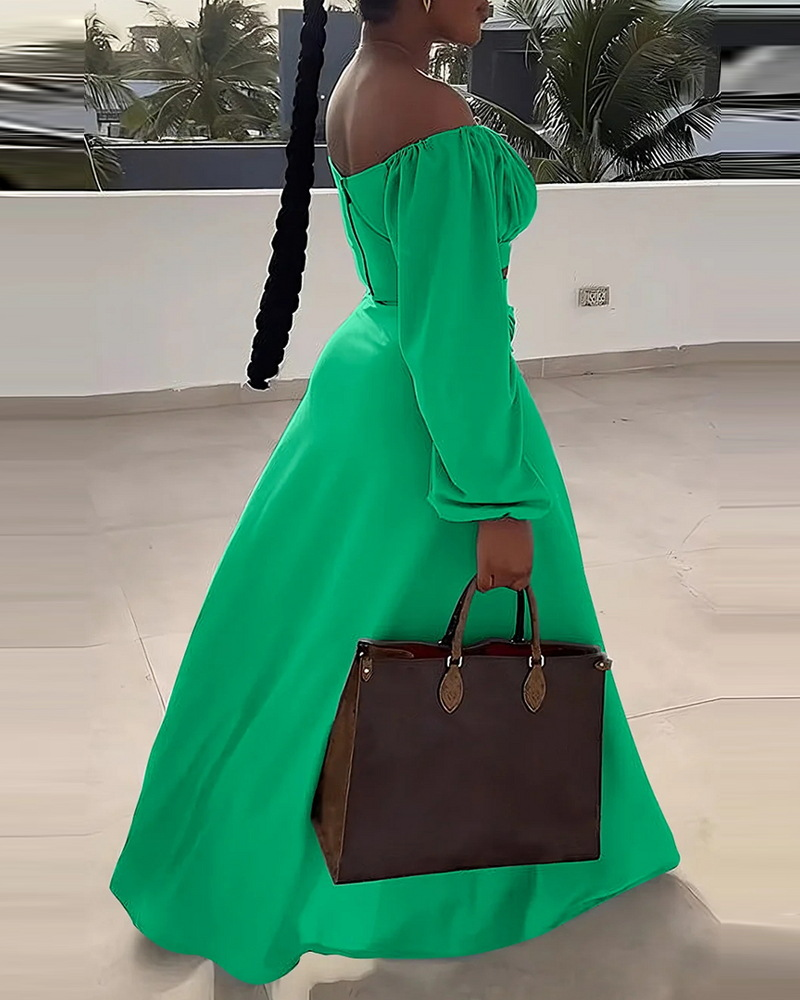 Damenbekleidung, lässig, einfarbig, Freizeit, Urlaub, einfarbig, Schlitz, schulterfrei, langärmelig, zweiteiliges Set_voghion.com